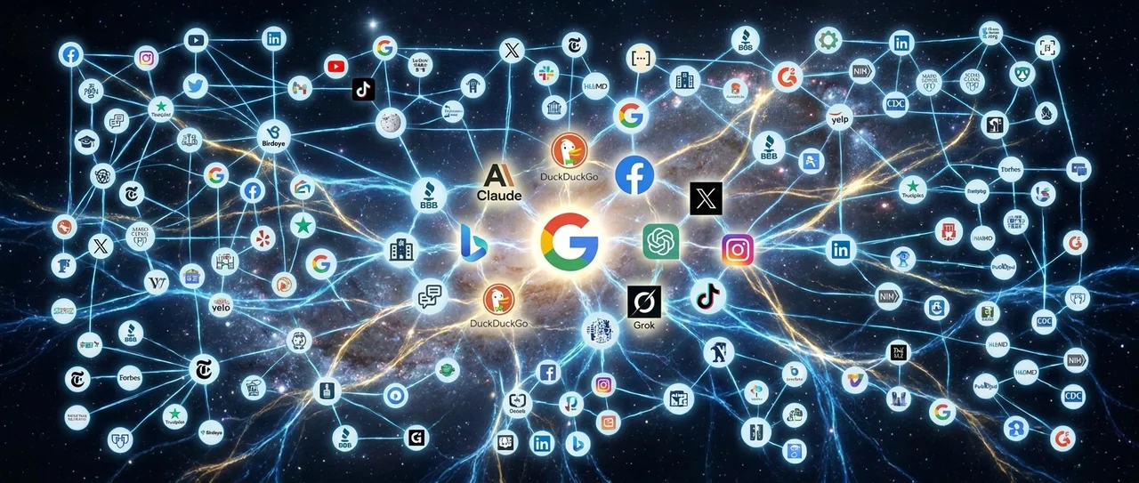 A dense neural-network constellation of citation sources — Google at the center surrounded by a deep web of established directories, social platforms, vendor sites, press hits, and authority signals