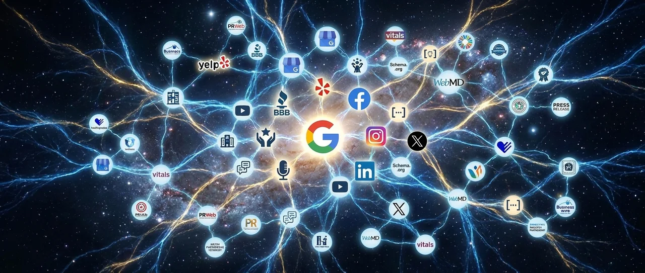 A neural-network constellation of citation sources — Google at the center connected to Yelp, BBB, Healthgrades, WebMD, Vitals, Schema.org, Facebook, Instagram, LinkedIn, YouTube, X, PRWeb, Business Wire and more