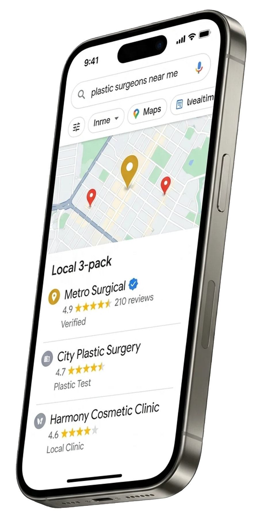 iPhone showing a Google Maps 3-pack for 'plastic surgeons near me' — the real estate that defines local discovery