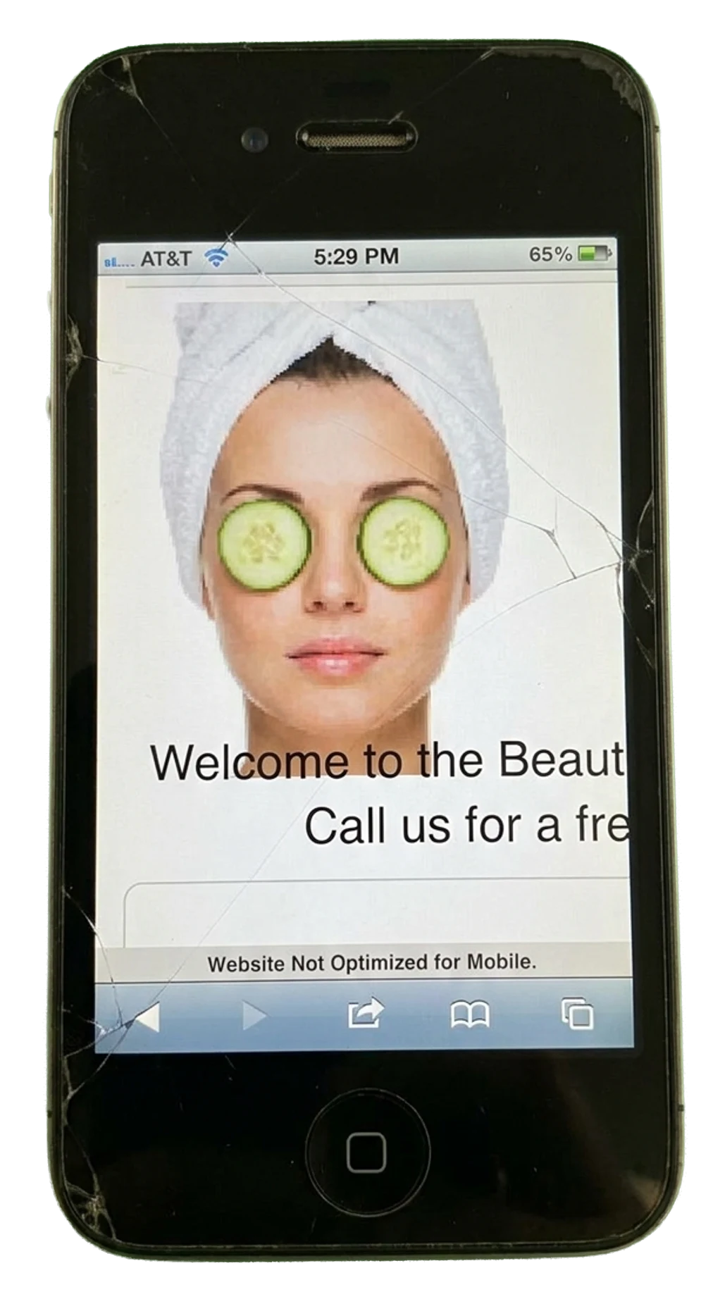 A cracked old iPhone showing a non-responsive practice website with text cut off — 'Welcome to the Beaut…' 'Call us for a fre…' — and a 'Website Not Optimized for Mobile' warning at the bottom