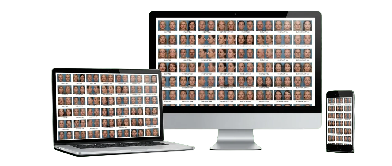 A before-and-after gallery deployed across laptop, desktop, and phone — what an activated asset library looks like in the wild