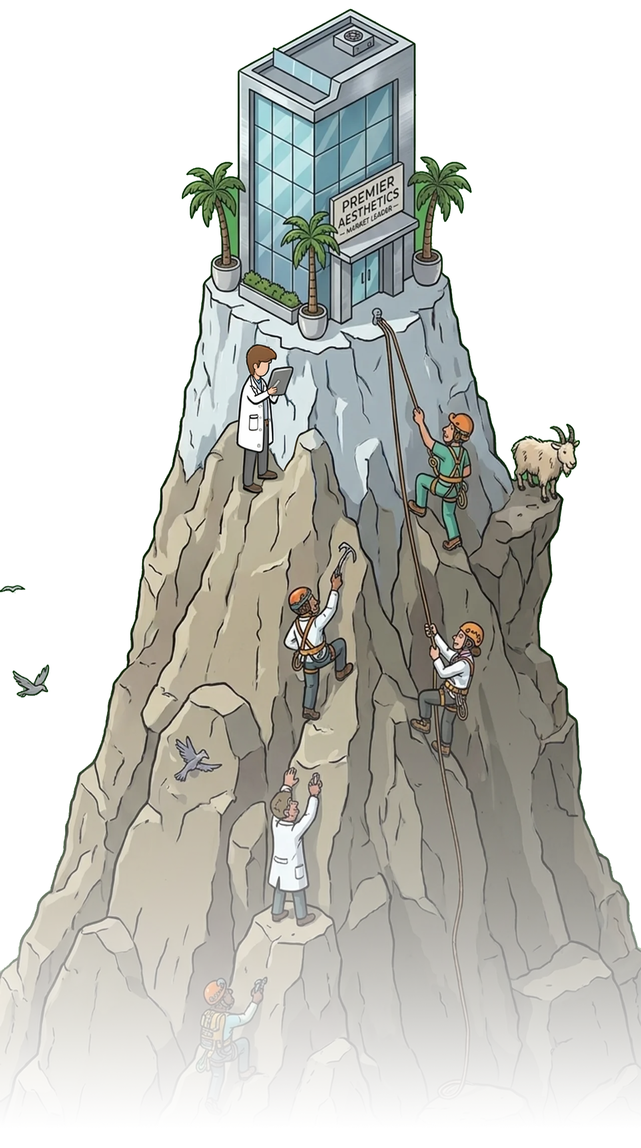 Illustrated mountain with the market-leader's practice 'Premier Aesthetics' perched at the summit while climbers — surgeons and rivals — work their way up the slopes toward it