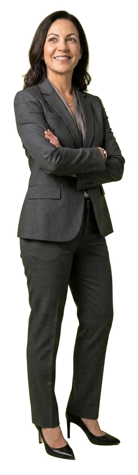 Female plastic surgeon standing confidently in a gray pinstripe suit, arms crossed — the surgeon her patient base is looking for