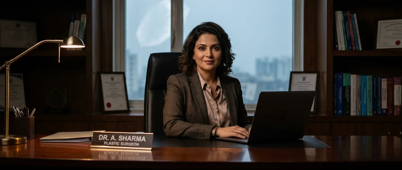 Dr. A. Sharma, plastic surgeon, sitting at her desk in a softly lit office with framed credentials, books, and a city view behind her — editorial-quality authority imagery