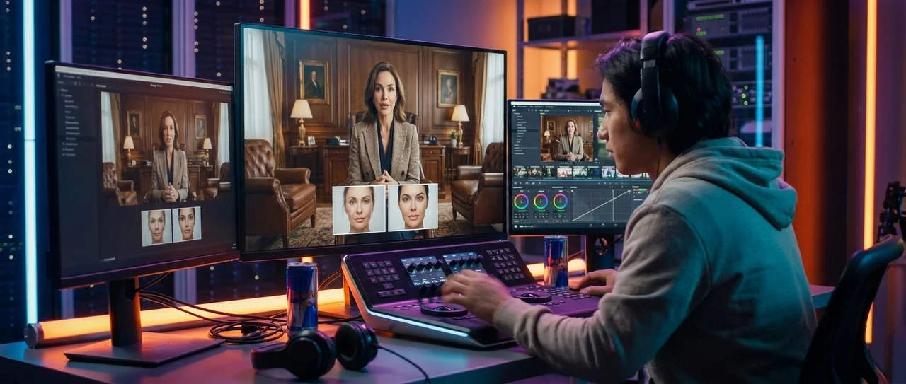 An MAA editor at a color-grading desk, multiple monitors showing the surgeon's raw video being polished — production layer added without changing the voice