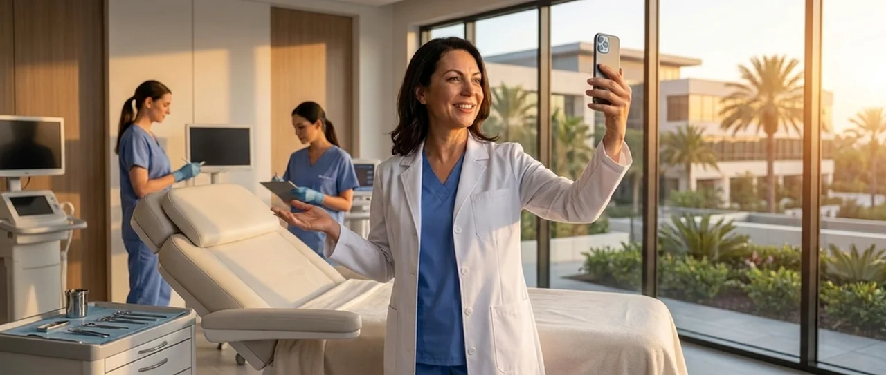 A female plastic surgeon in a white coat capturing a phone-shot moment in a beautifully designed exam room, her female team working in the background — the raw material that becomes voice-aligned content on every platform