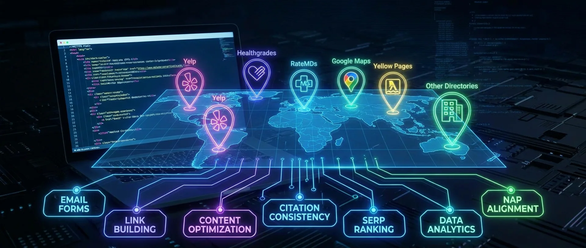 A wide holographic projection of a world map with directory pins (Yelp, Healthgrades, RateMDs, Google Maps, Yellow Pages, others) and labels for email forms, link building, content optimization, citation consistency, ranking, data, and name/address/phone alignment — the defensive marketing work that holds it all together