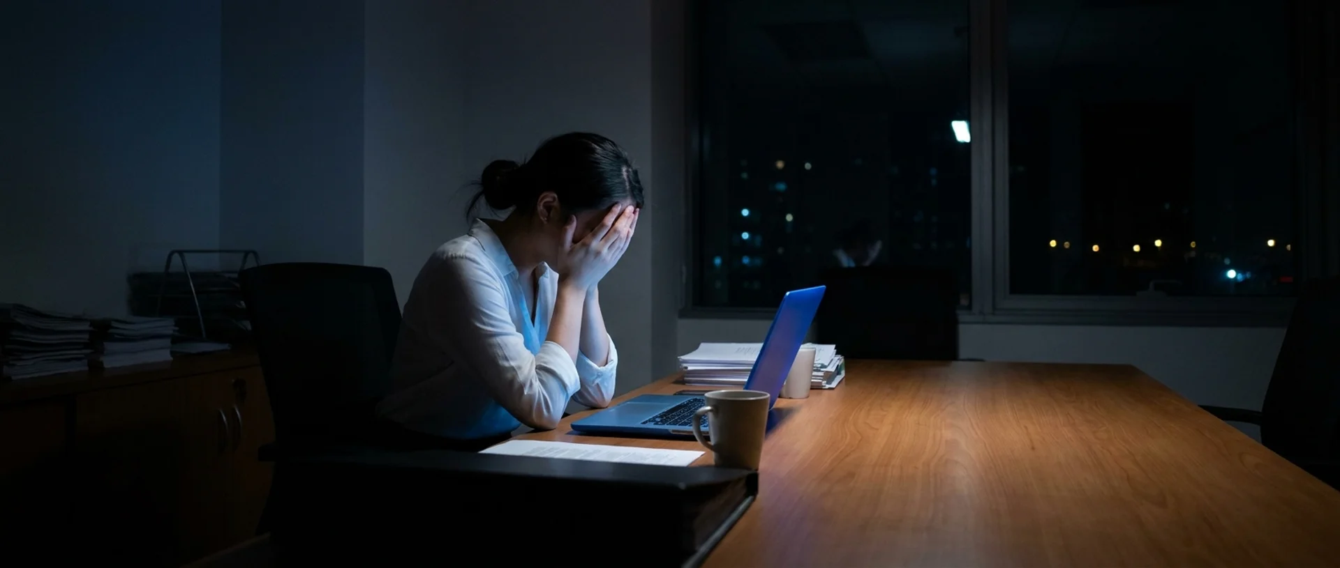 A marketing director alone at her desk late at night, head in hands, laptop glow on her face, stacks of papers and a coffee mug — what 'agency hands you a dashboard and disappears' actually looks like at 9pm