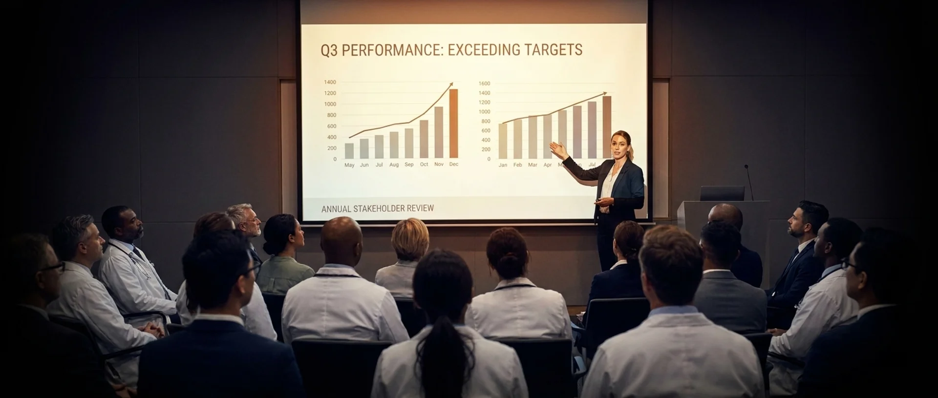 Marketing director presenting 'Q3 PERFORMANCE: EXCEEDING TARGETS' at an annual stakeholder review to a packed room of doctors and executives — two upward-trending bar charts on screen