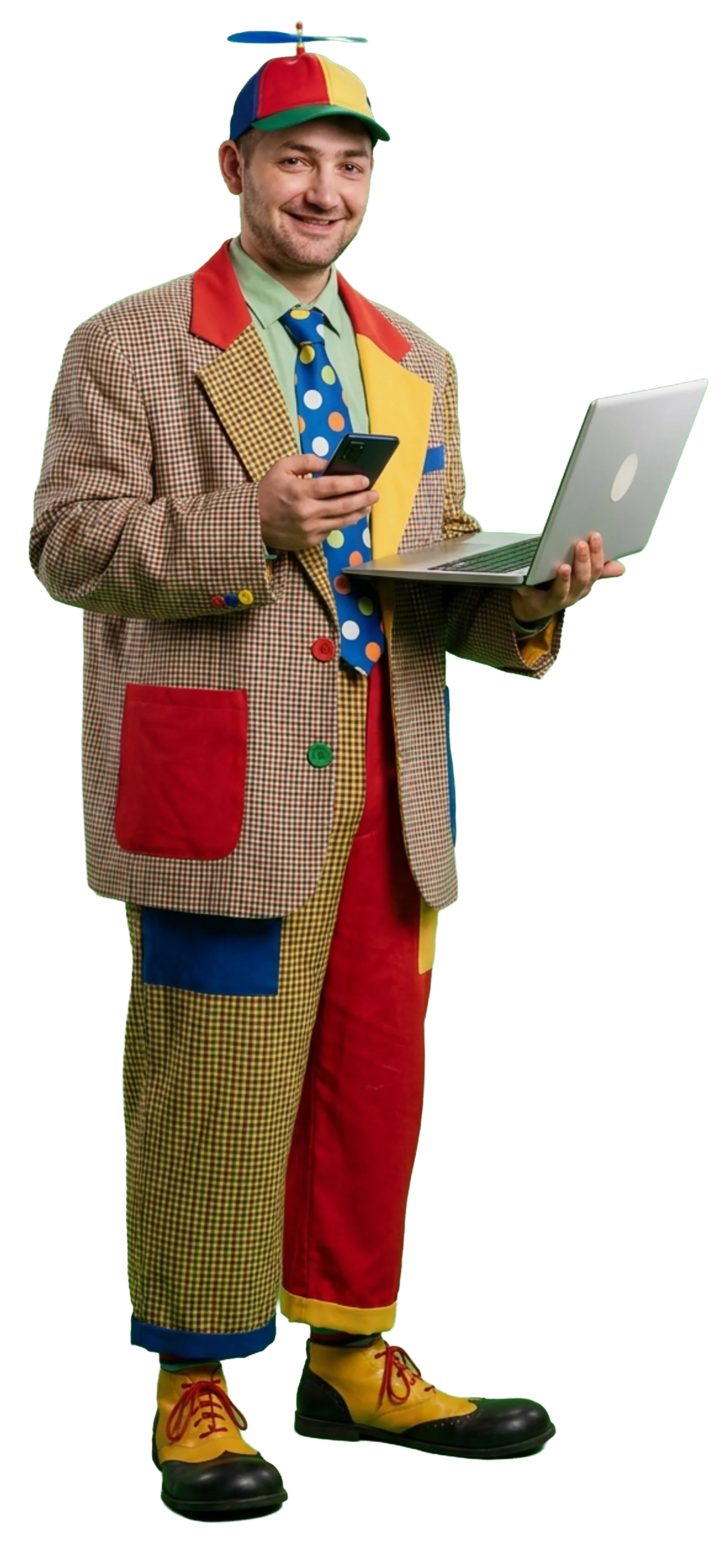 A clown in a propeller hat and mismatched outfit holding a laptop and phone — visual metaphor for the chaotic mix of marketing vendors the role usually inherits