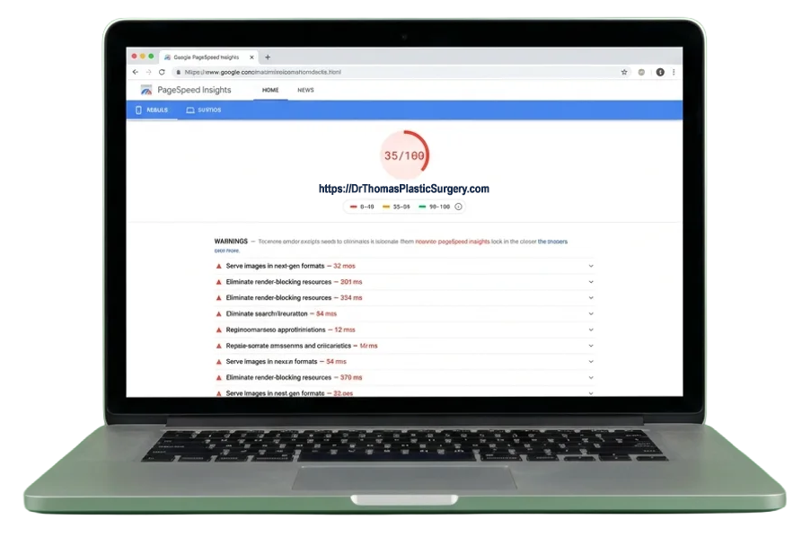 Google PageSpeed Insights laptop showing a failing 35/100 performance score with a long list of warnings — what Google sees on most practice sites