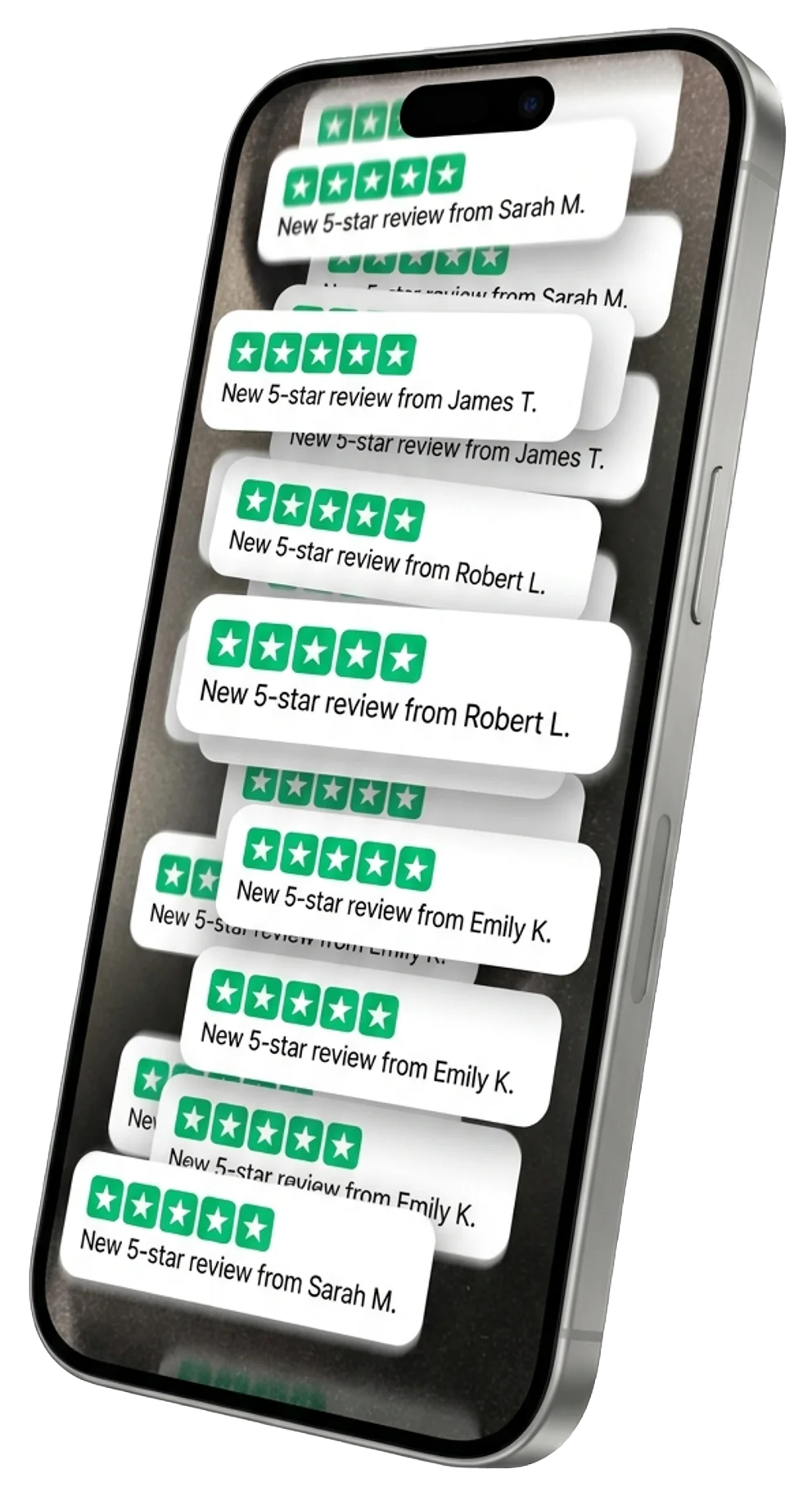 Phone showing a flood of incoming 5-star Google reviews — what flips on when the system is wired to your existing patient base