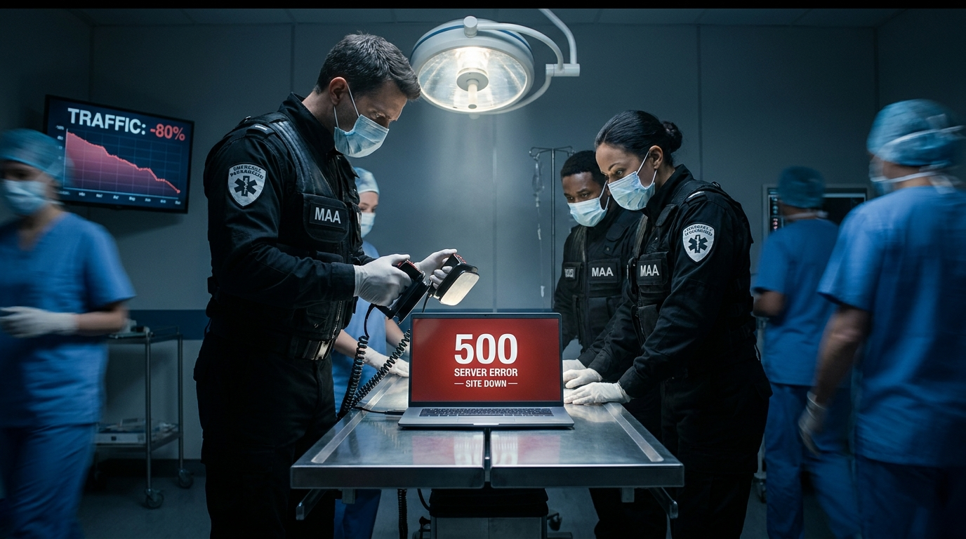 Three emergency technicians in black MAA-branded uniforms performing an emergency procedure on an open laptop on a surgical table — defibrillator paddles labeled MAA over a screen showing 500 SERVER ERROR. Wall monitor displays TRAFFIC -30%.