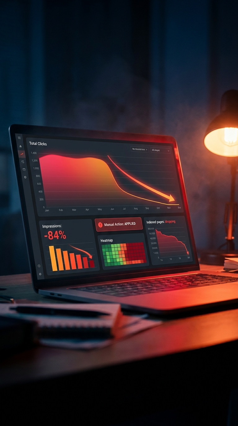 Search Console-style analytics dashboard glowing red and orange on a laptop in a dim office — clicks line graph plunging off a cliff, impressions down 84%, manual action applied, rankings heatmap turning red. The moment the doctor sees how bad it is.