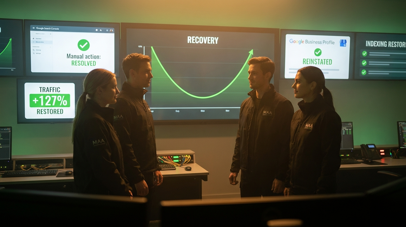 Three calm MAA specialists at a wall of monitors showing recovery in green — a traffic graph reversing upward, a Google manual action marked RESOLVED, a Google Business Profile REINSTATED confirmation, indexing restored — the quiet victory after the fire
