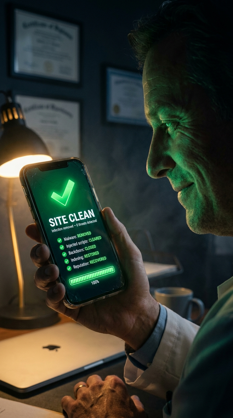 Vertical close-up of a smartphone glowing vivid green in a doctor's steady hand — the screen reads SITE CLEAN, infection removed, malware cleared, indexing restored. The moment the crisis ended.