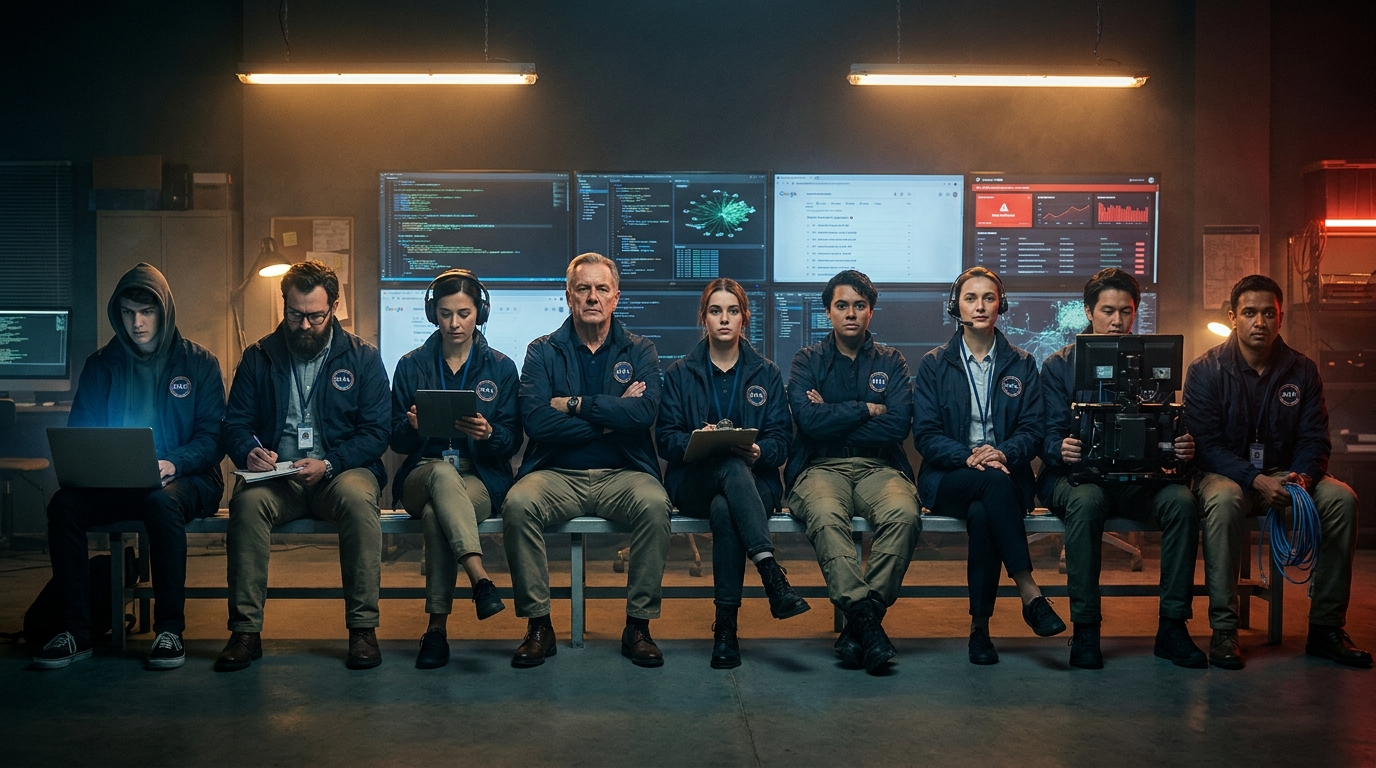 A long bench filled shoulder-to-shoulder with MAA crisis specialists — hackers, SEO veterans, security analysts, hosting engineers, headset-wearing support, code-warriors with laptops — the deep bench you call when it's bad