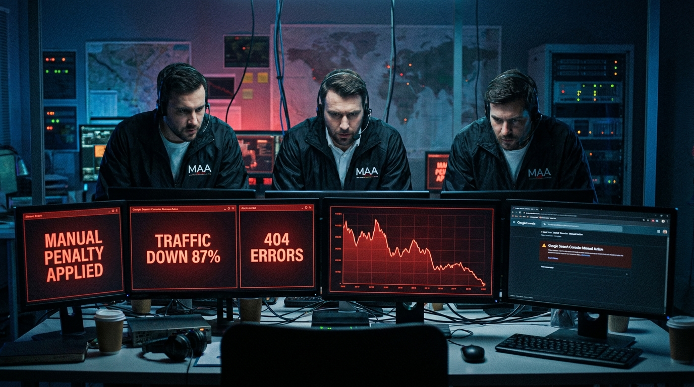 Wide cinematic shot of three MAA crisis-response specialists in a dim war room at multiple monitors — red alerts on every screen: MANUAL PENALTY APPLIED, TRAFFIC DOWN 87%, 404 ERRORS, declining traffic chart