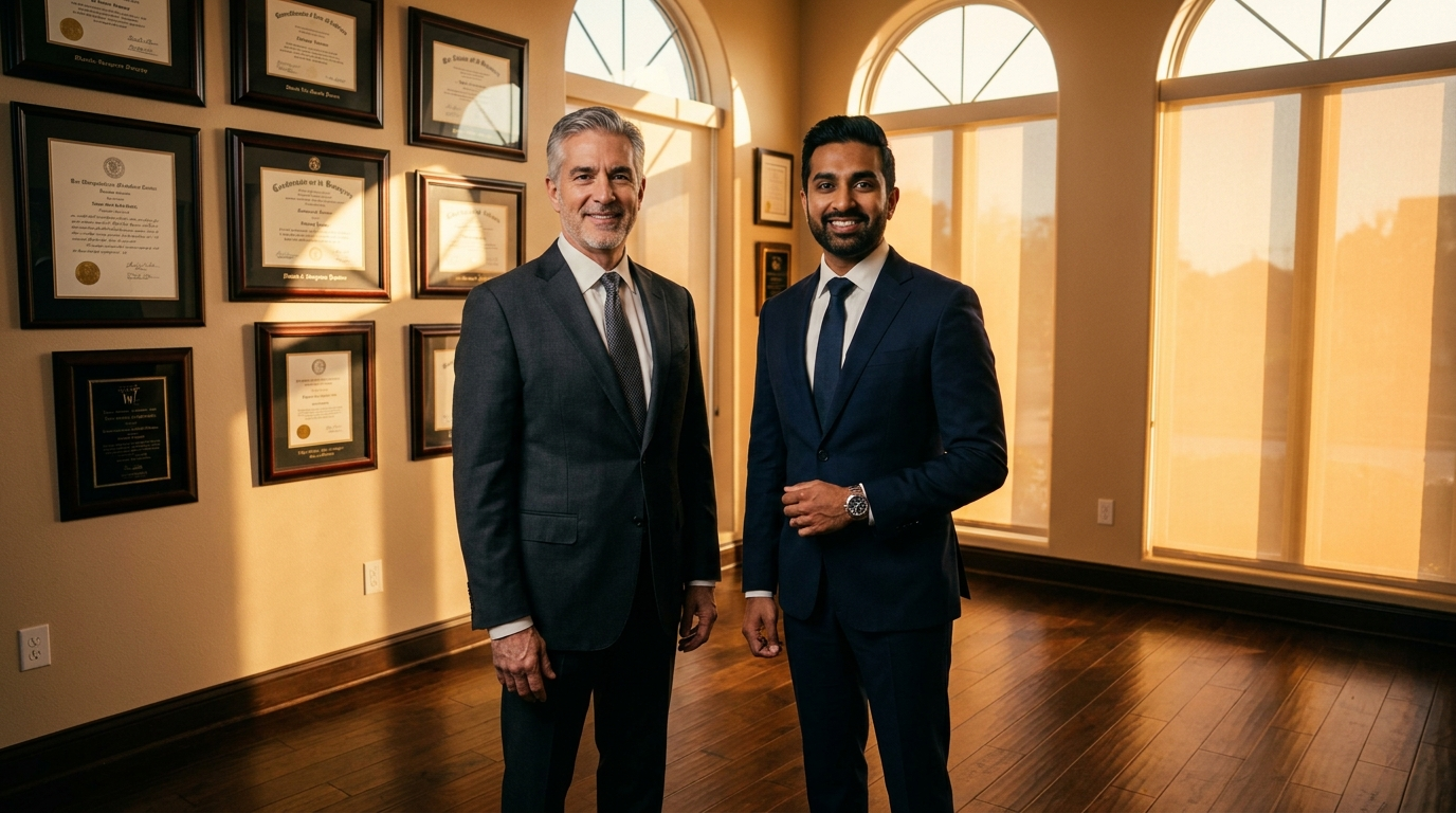 Senior surgeon of European descent in a charcoal suit standing beside a younger Indian-American surgeon in navy in front of a credential wall at golden hour — the moment of handoff from one generation to the next