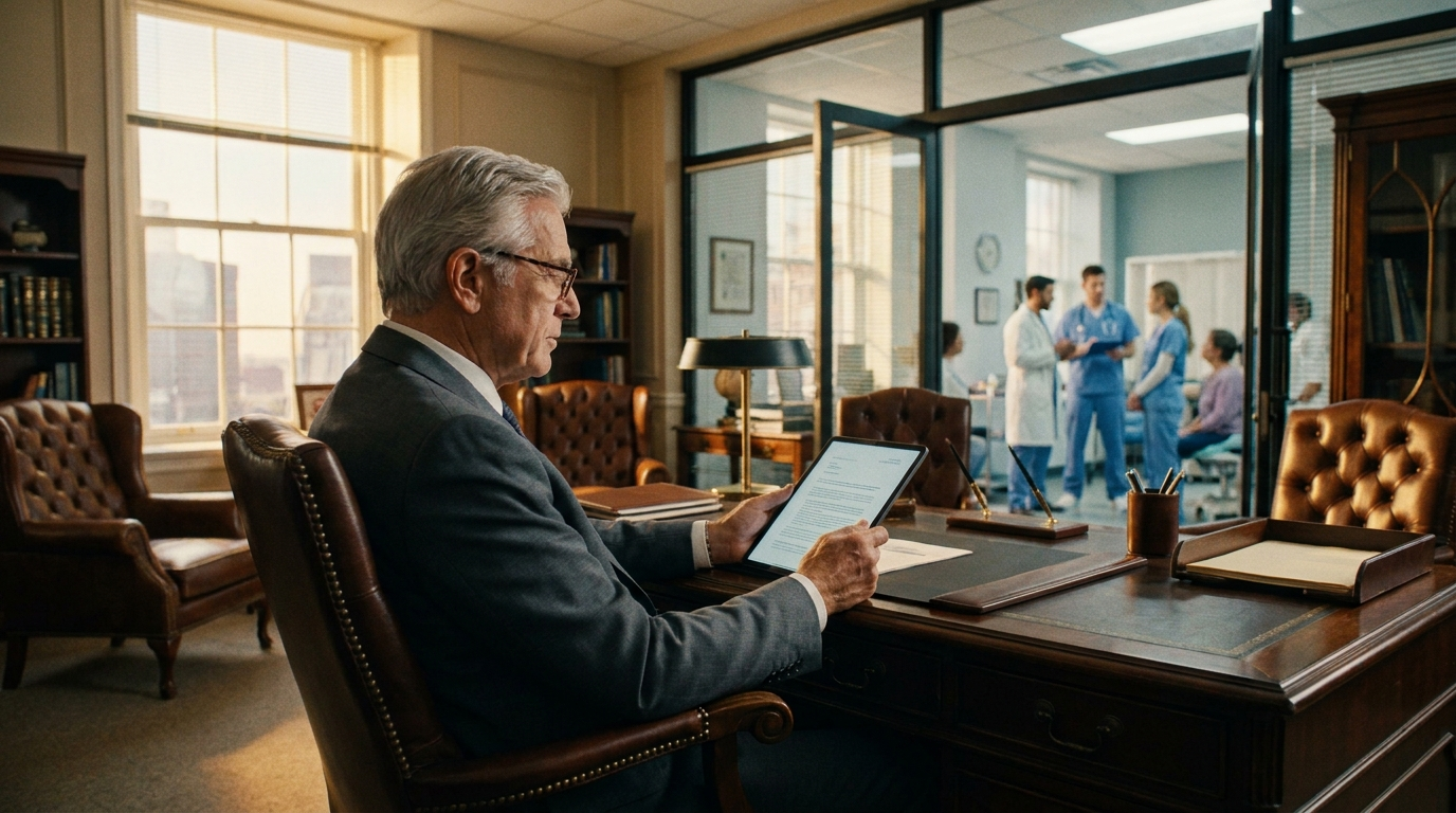 Senior surgeon in a charcoal suit and reading glasses at an executive desk in a sunlit office, calmly reviewing reports on a tablet. Through the glass doorway, the active practice runs in soft focus — the role evolved from operator to oversight.