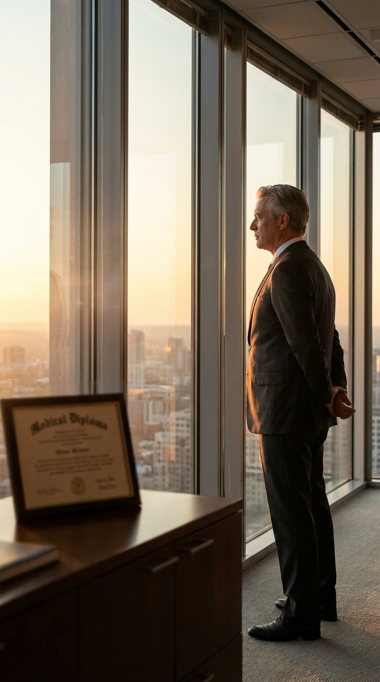 Distinguished surgeon in a charcoal suit standing at the floor-to-ceiling windows of a corner office at golden hour, looking out over the city — the inflection point where strategic decisions about the next chapter get made calmly