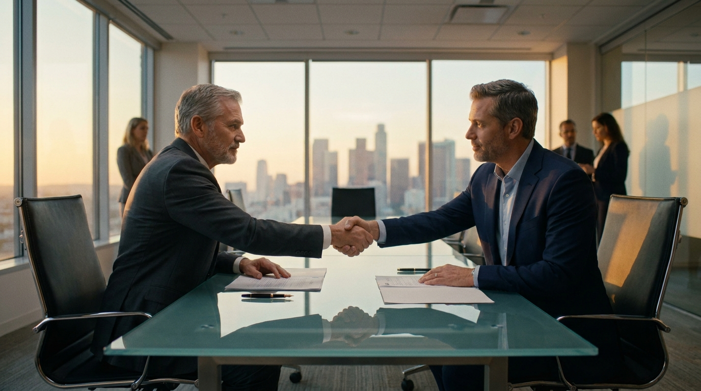 A surgeon in a charcoal suit shaking hands with a private-equity buyer across a glass boardroom table at golden hour — signed documents and a fountain pen between them, downtown skyline in soft focus behind. The moment a deal closes calmly.