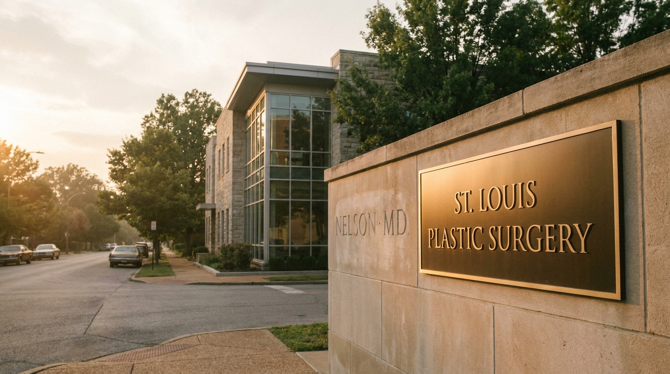 Modern brushed-bronze practice sign reading 'ST. LOUIS PLASTIC SURGERY' on a limestone facade at golden hour, faintly ghosted older 'NELSON MD' lettering behind it — the transition implied rather than announced