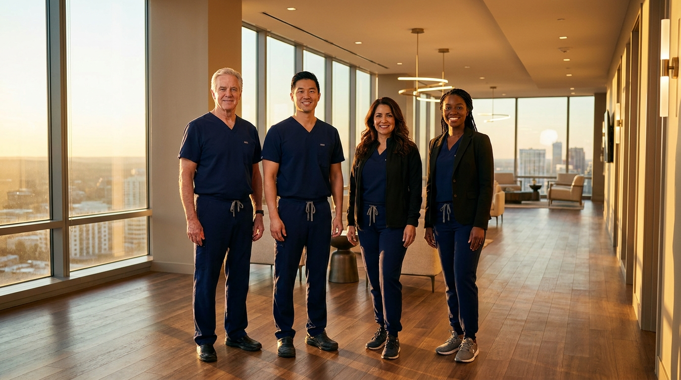 A diverse team of four professionals — senior surgeon, Asian-American associate surgeon, Latina nurse practitioner, Black aesthetician — standing shoulder-to-shoulder in a sunlit upscale practice at golden hour. The practice that's bigger than one person.