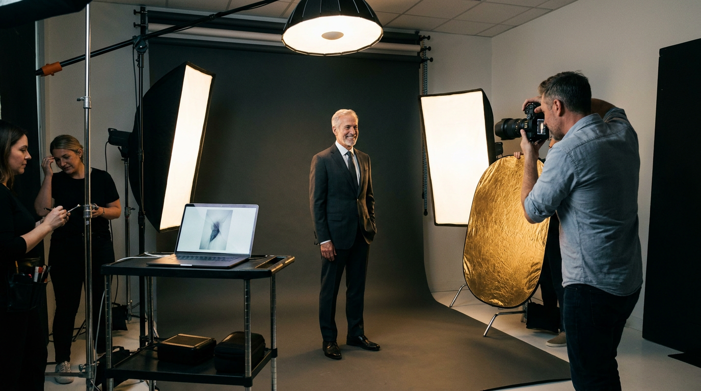 A distinguished surgeon being photographed in an upscale editorial portrait studio — softbox key-lights, beauty dish, gold bounce fill, photographer directing — the magazine-quality session that anchors a serious speaker kit