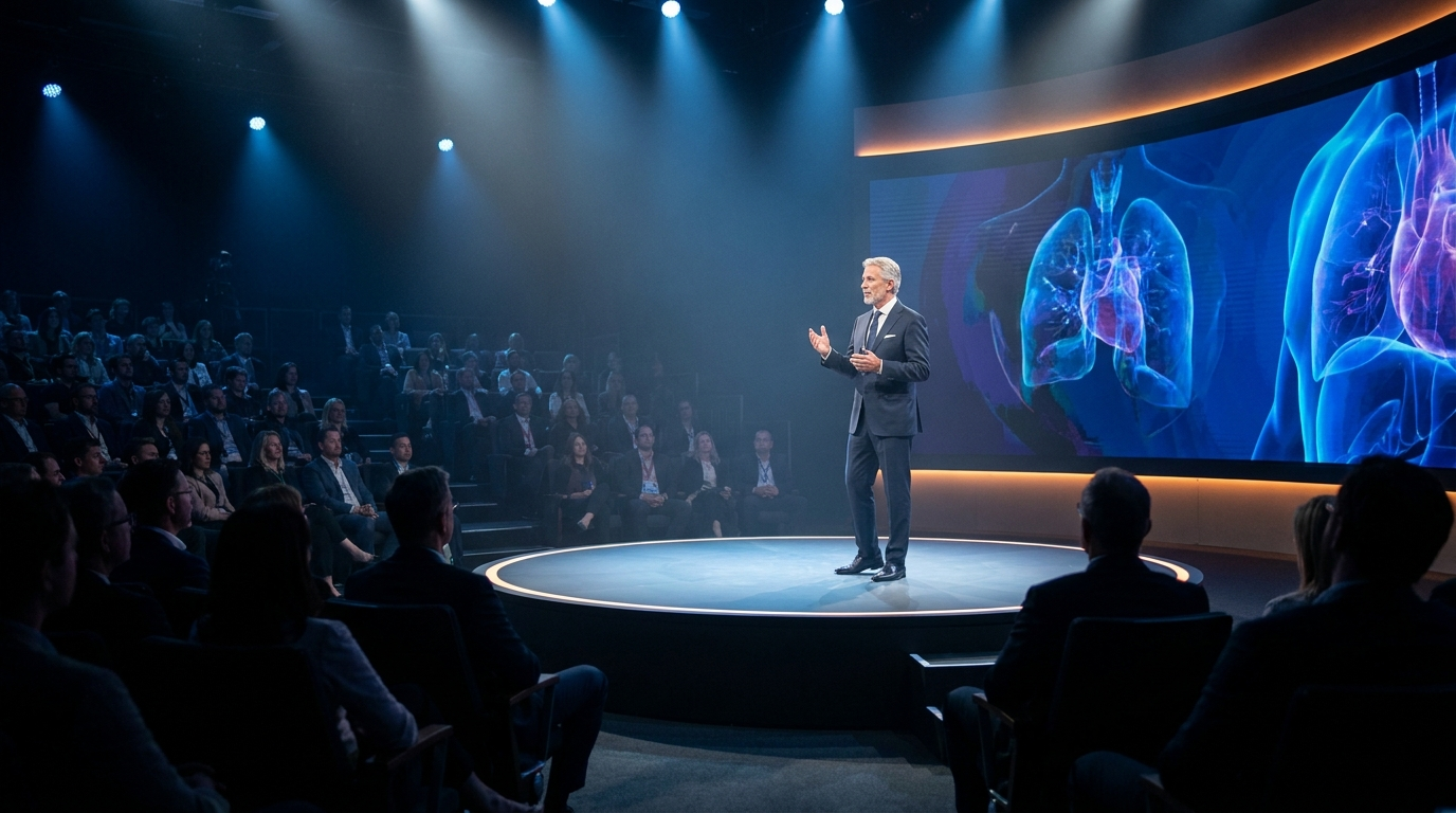 A distinguished surgeon mid-keynote at a major international medical conference, gesturing toward a giant illuminated screen with abstract anatomical diagrams — the apex moment a custom deck is built for