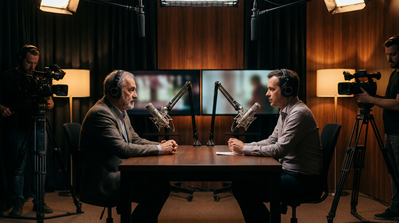 A distinguished surgeon being interviewed across a sleek dark wood table in a professional podcast studio — broadcast headphones, condenser microphones, multiple cameras — the long-form interview that builds authority