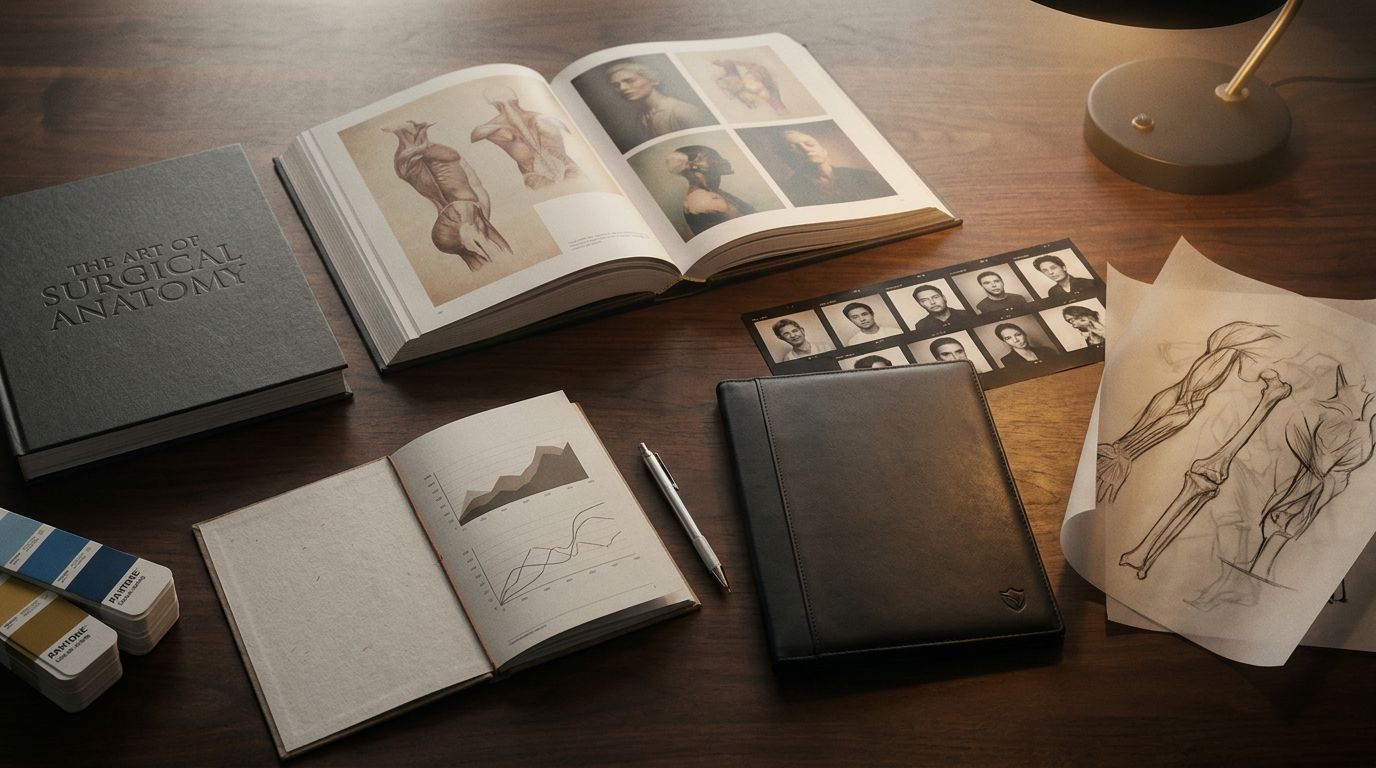 An overhead flat-lay of an editorial designer's desk showing apex-tier deliverables — a printed monograph open to surgical-anatomy illustrations, a custom conference deck, a contact sheet of editorial portraits, color chips, branded portfolio