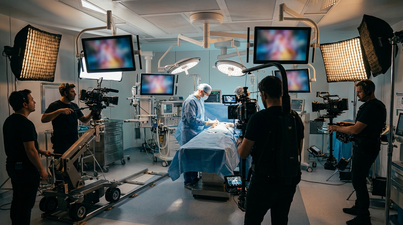 A modern operating room set up for surgical-video production — broadcast-grade cameras on tracks and articulated arms around the OR table, multiple 4K overhead monitors showing the surgical field