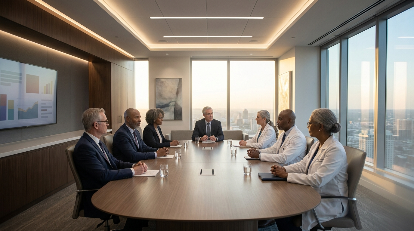 A polished hospital executive boardroom at golden hour with eight diverse senior executives and clinical leaders around an oval brushed-walnut table, a city skyline through floor-to-ceiling windows — the multi-stakeholder reality of enterprise decision-making