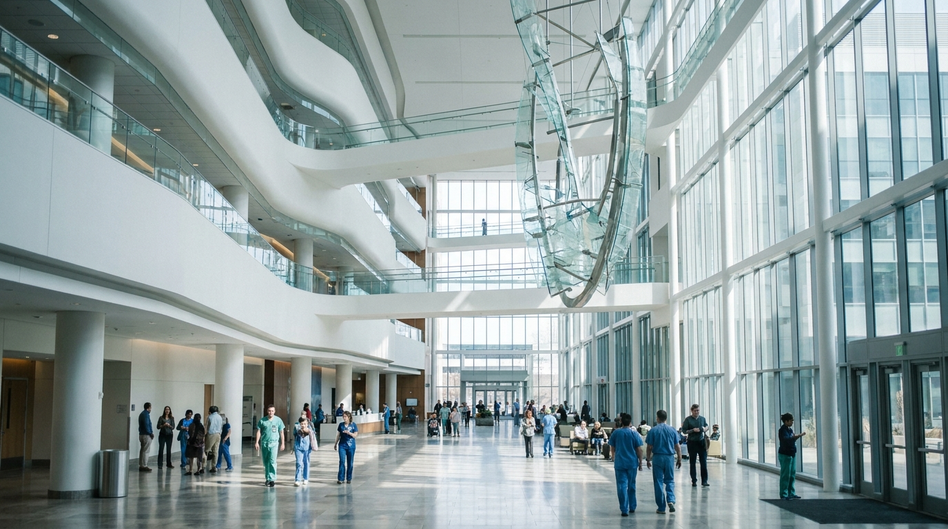 A soaring modern hospital atrium with floor-to-ceiling glass, curved white balconies, elevated walkways, patients and clinicians moving through — the scale that massive-scope SEO is built for