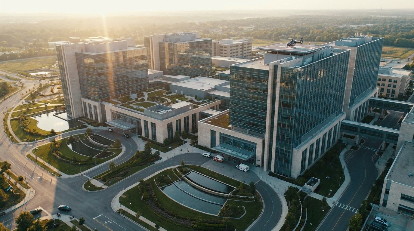 Aerial golden-hour shot of a sprawling modern hospital and medical-campus complex — multiple connected buildings, helipad, landscaped grounds — the scale that modular marketing systems are built for