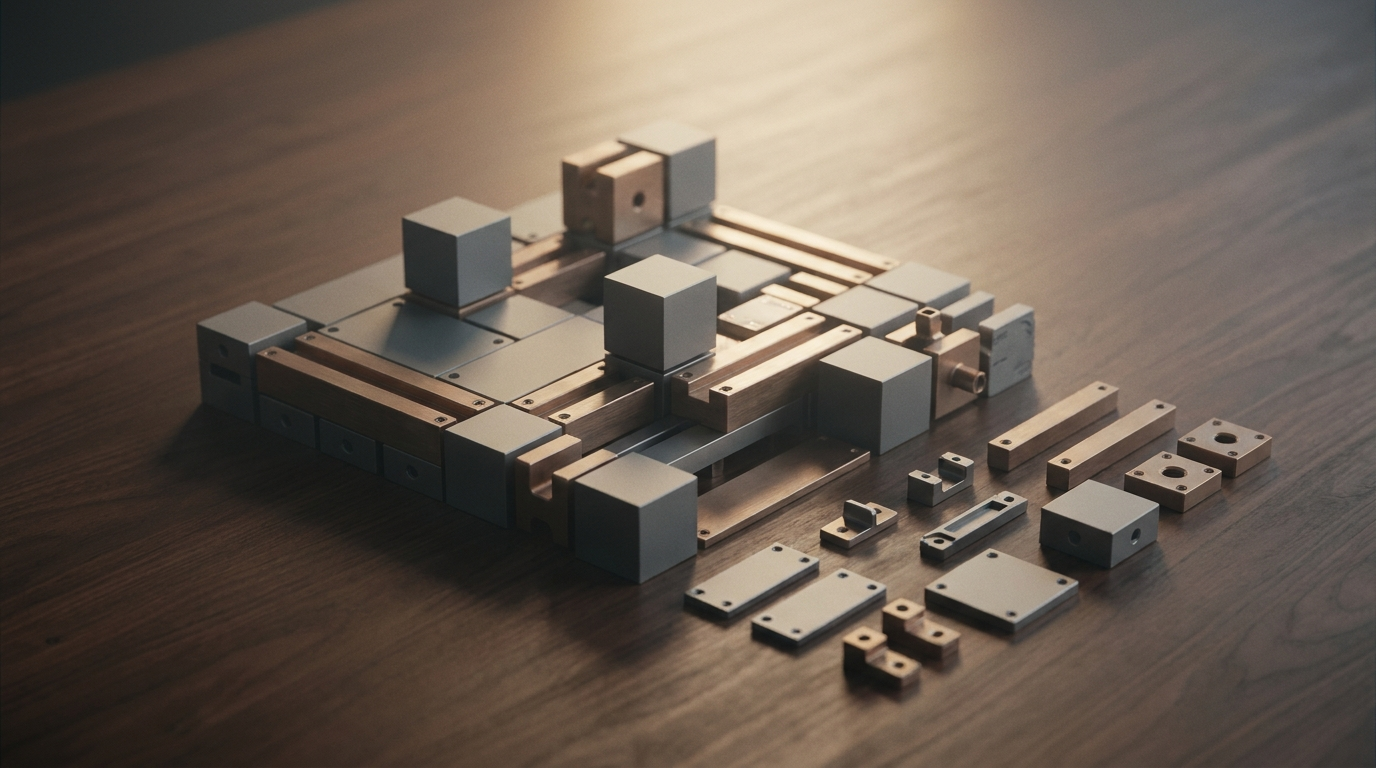 Precision-machined matte-grey and brushed-bronze geometric modules on a dark walnut table, partially assembled into a larger structure — visual metaphor for modular marketing architecture that scales