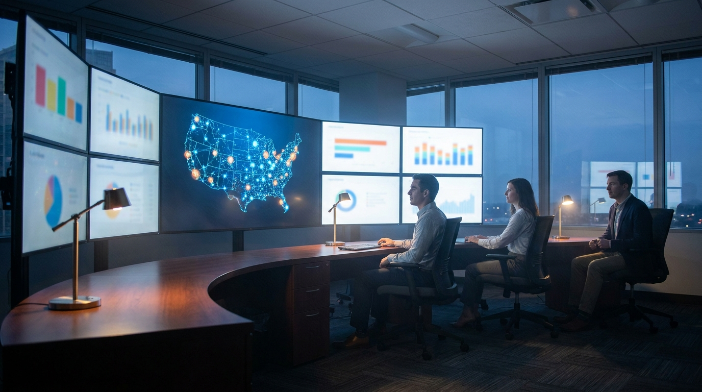 A modern marketing operations center at dusk — a long curved desk faces a wall of monitors, the central display showing a map of the United States with glowing nodes connected by faint lines, operations professionals at workstations